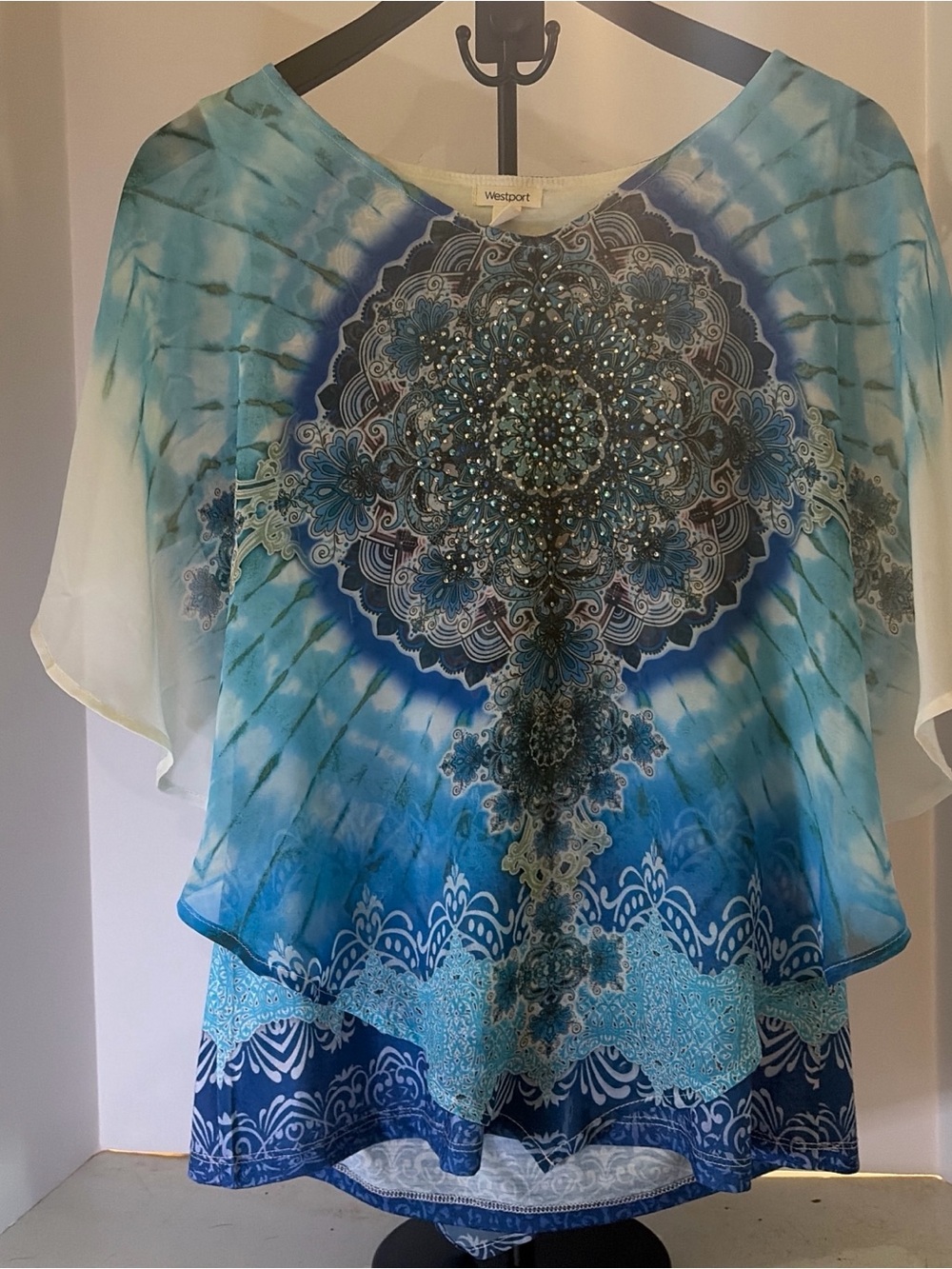 Westport Aqua and Navy Tie-Dye Medallion Beaded Tunic